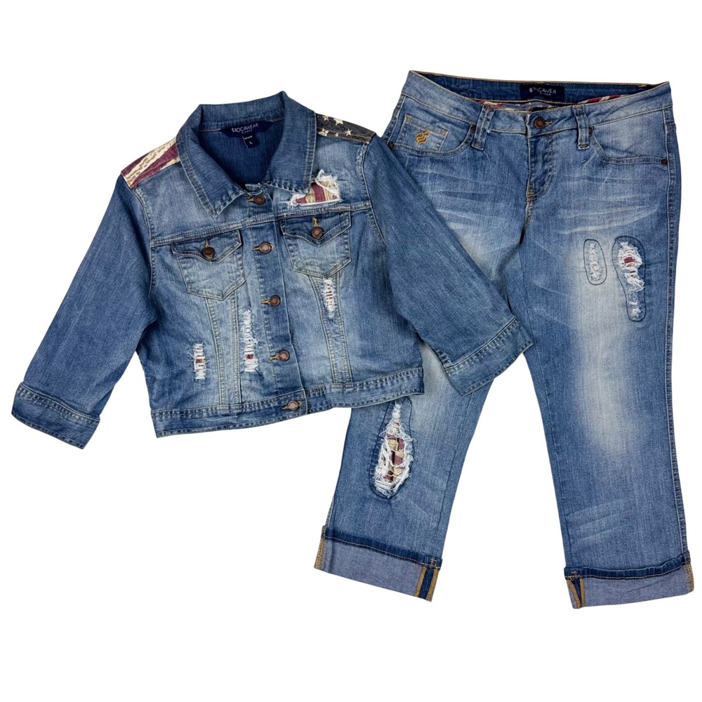 Rocawear 2 Pc Denim Set Teens Sizw 9 Jeans / L Jacket Y2K Distressed Flag Retro